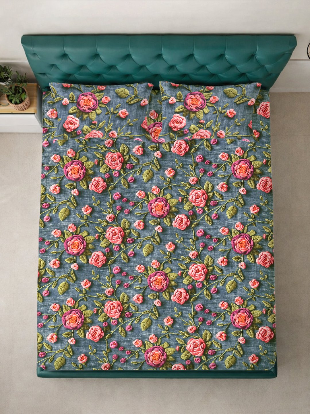 Turquoise Floral 7D King Size Cotton Blend Double Bedsheet with 2 Pillow Covers