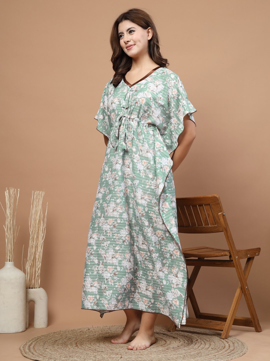 Green Floral Cotton Blend Kaftan Maxi Nightdress