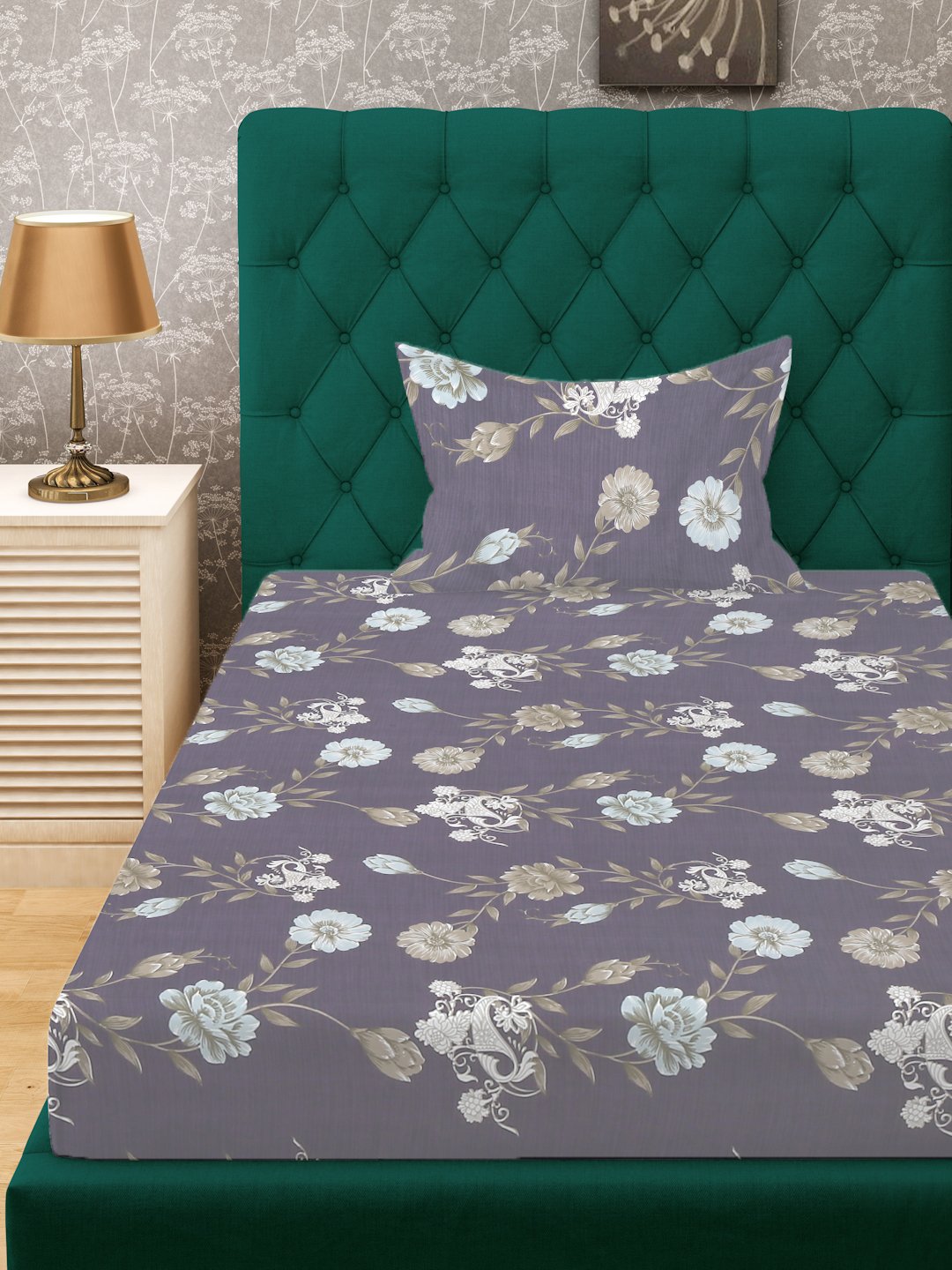 Multi Floral 300 TC Cotton Blend Fitted Single Bedsheet Set in Book Fold Packing
