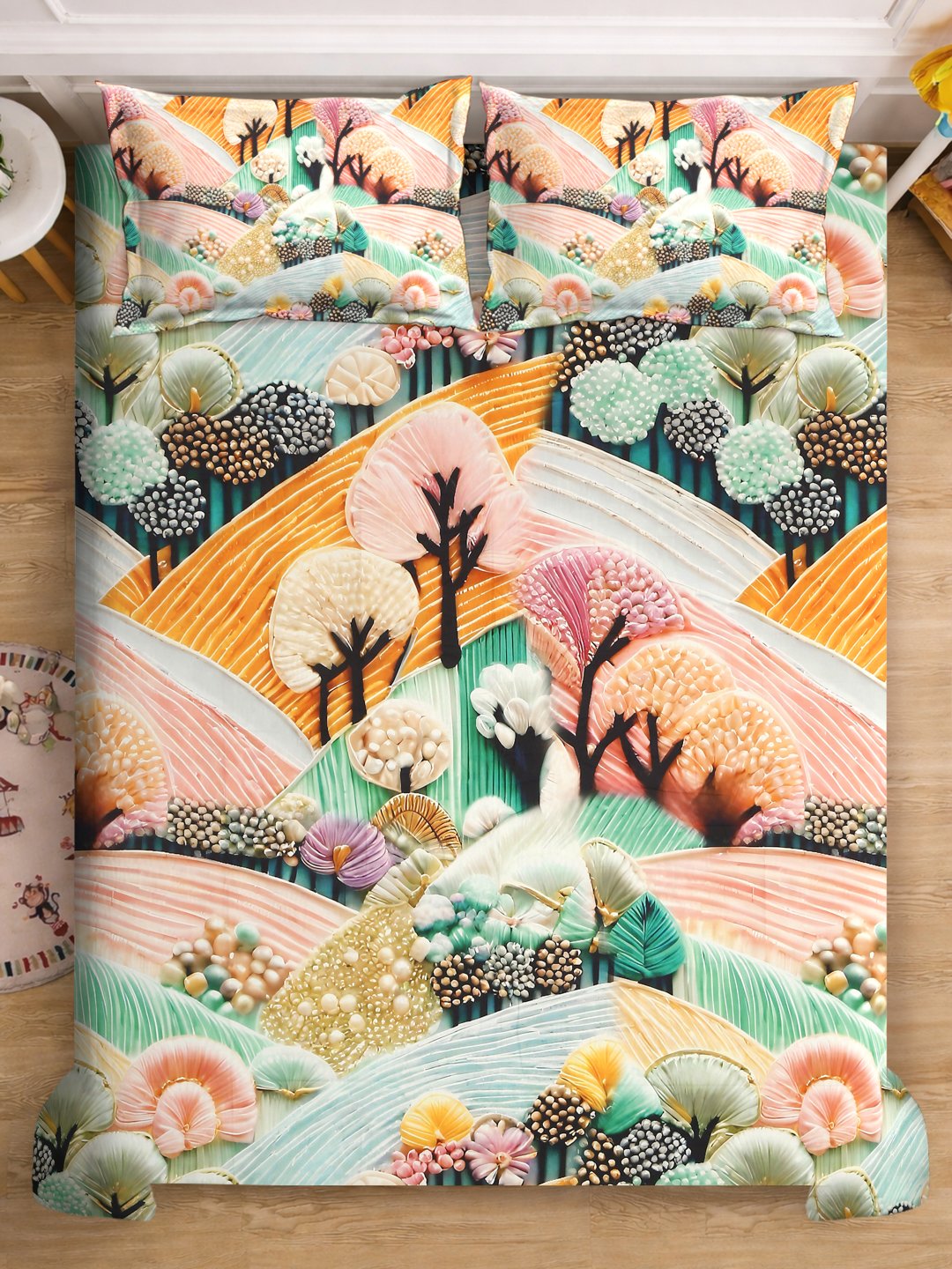 Multi 7D Floral Printed Cotton Blend Double Bedsheet with 2 Pillow Covers