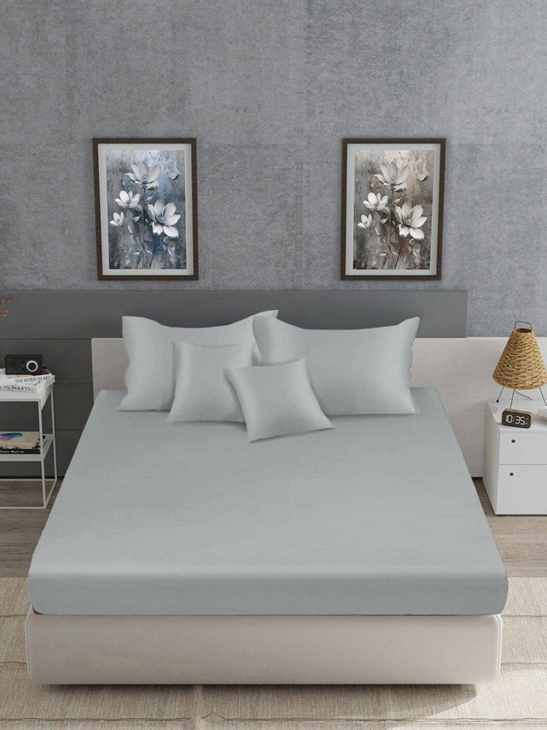 Grey Solid 400 TC Satin Fitted Super King Double Bedsheet with 2 Pillow Covers & 2 Cushion Covers