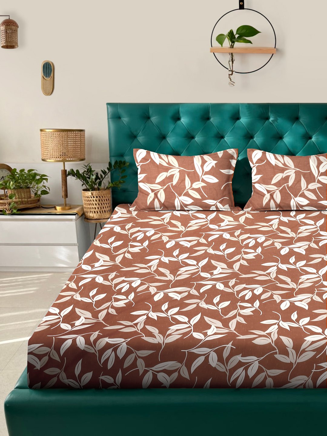 Brown Floral 300 TC Cotton Blend Double Bedsheet with 2 Pillow Covers