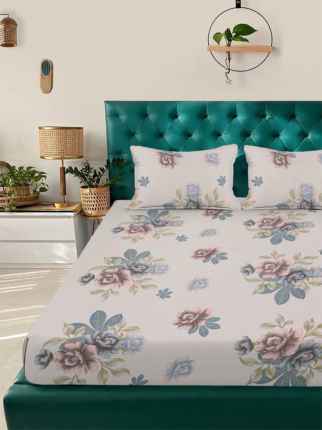Beige Floral 300 TC Cotton Blend Fitted Double Bedsheet with 2 Pillow Covers