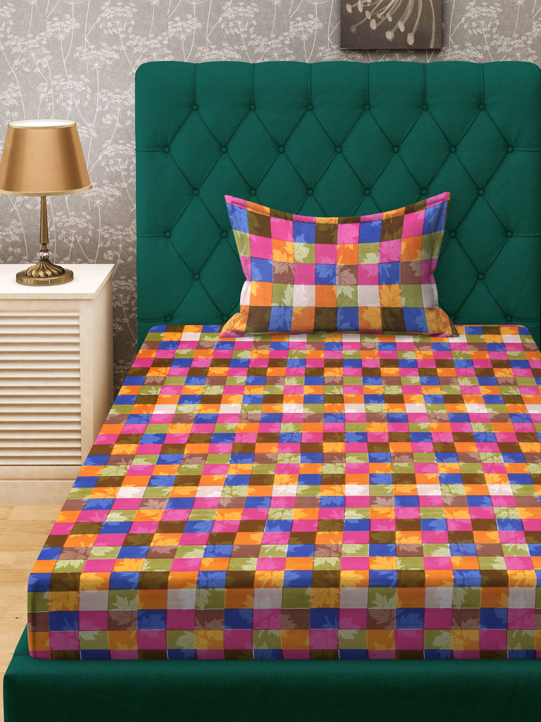 Klotthe Multicolor Geometric 300 TC Cotton Blend Fitted Single Bedsheet with Pillow Cover