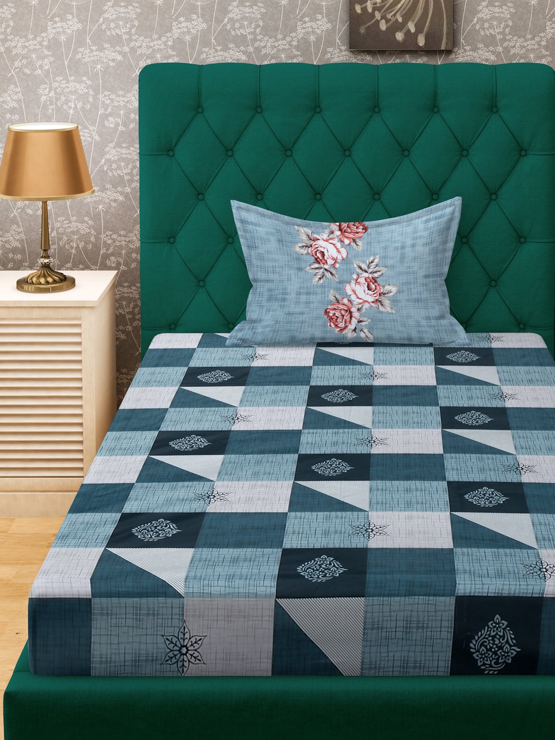 Blue Geometric 400 TC Pure Cotton Single Bedsheet with Pillow Cover