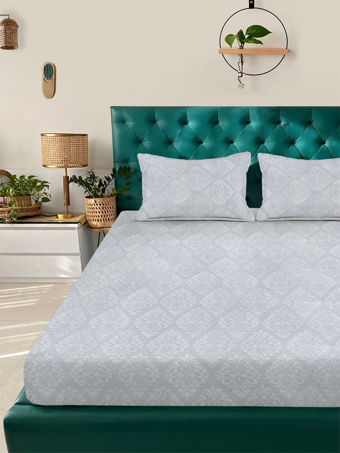 Grey Floral Embossed Cotton Blend Fitted Double Bedsheet with 2 Pillow Covers