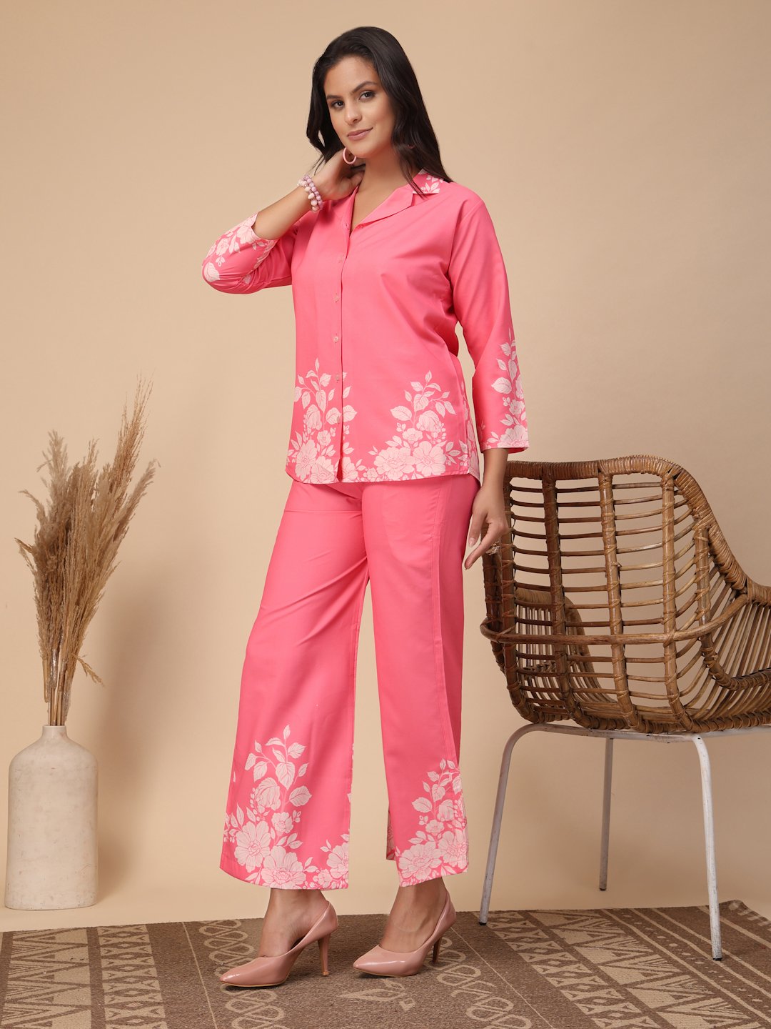 Pink Cotton Printed Shirt With Trousers Co-Ords Set