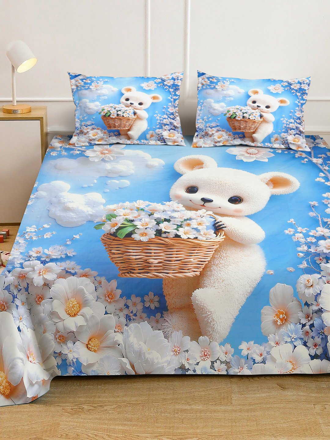 Blue Cartoon Characters 7D King Size Cotton Blend Fitted Double Bedsheet with 2 Pillow Covers