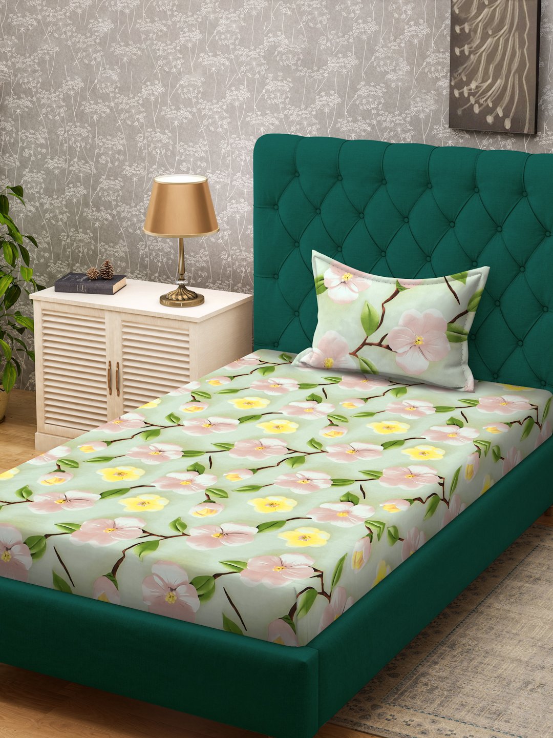 Green Floral 7D Cotton Blend Single Bedsheet with Pillow Cover