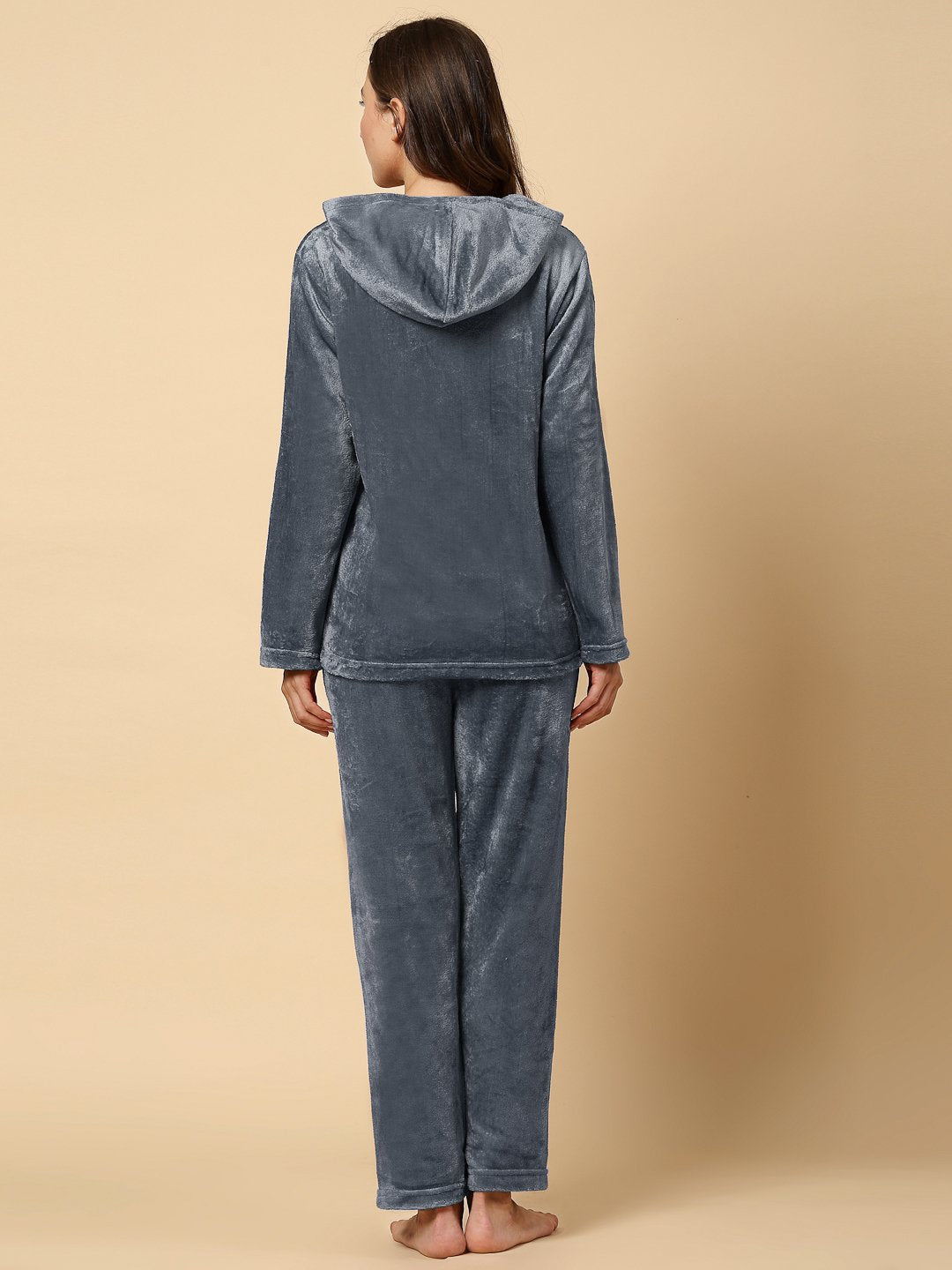 Klotthe Women Grey Wool Blend Solid Hooded Night Suit
