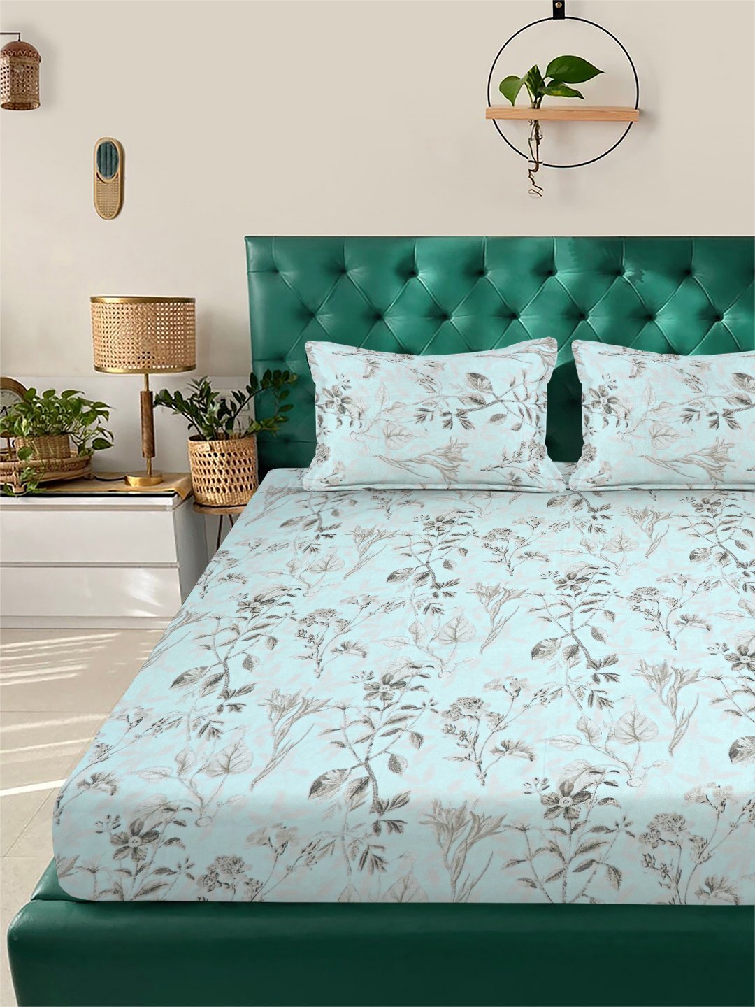 Green Floral 300 TC Cotton Blend Fitted Double Bedsheet with 2 Pillow Covers