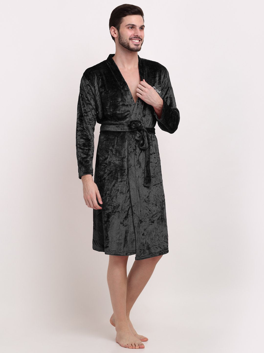Men Black Solid Wool Bath Robe With Belt