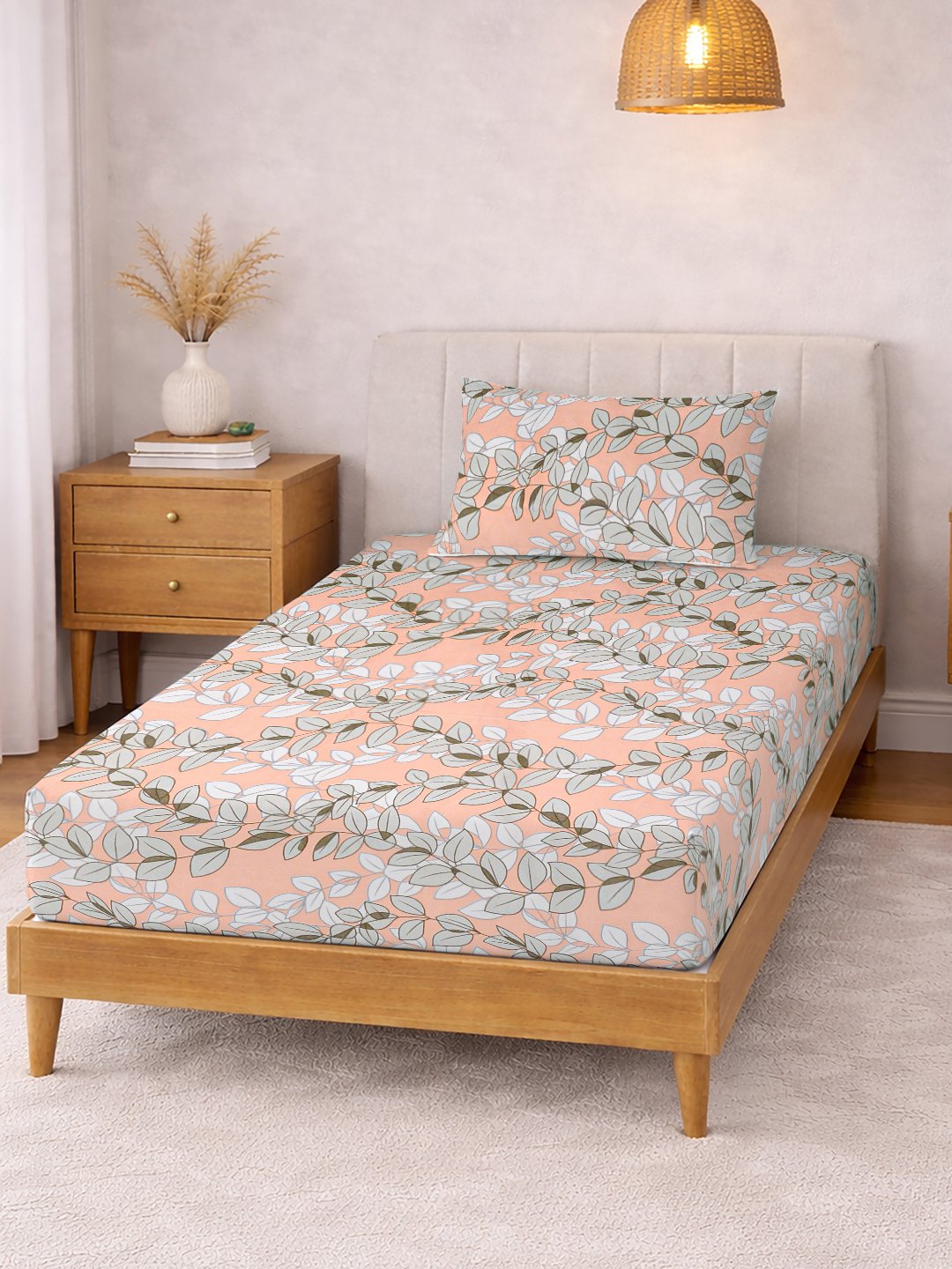 Orange Floral Cotton Blend Single Bedsheet with Pillow Cover