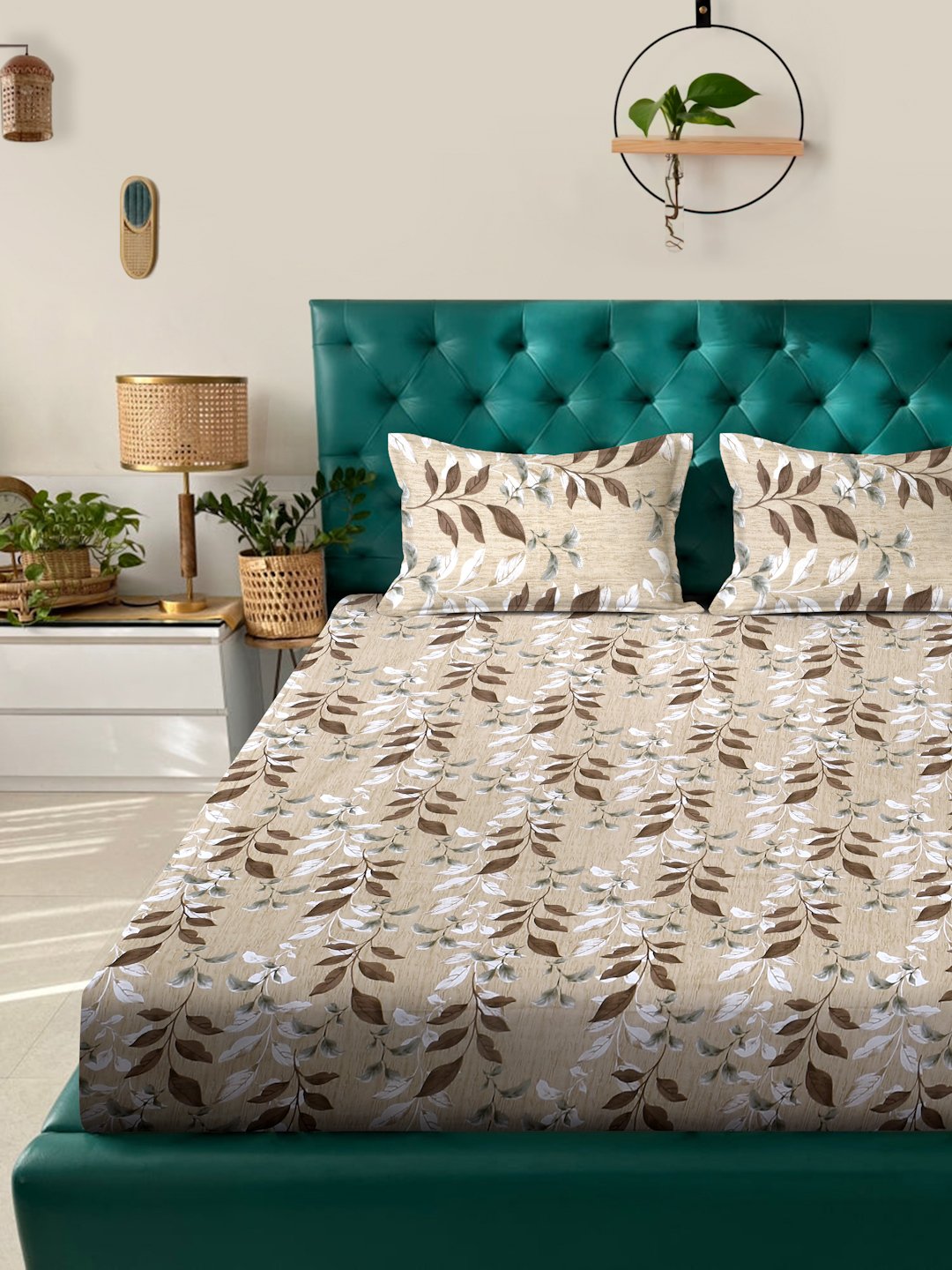 Beige Floral 400 TC Pure Cotton Fitted Double Bedsheet with 2 Pillow Covers