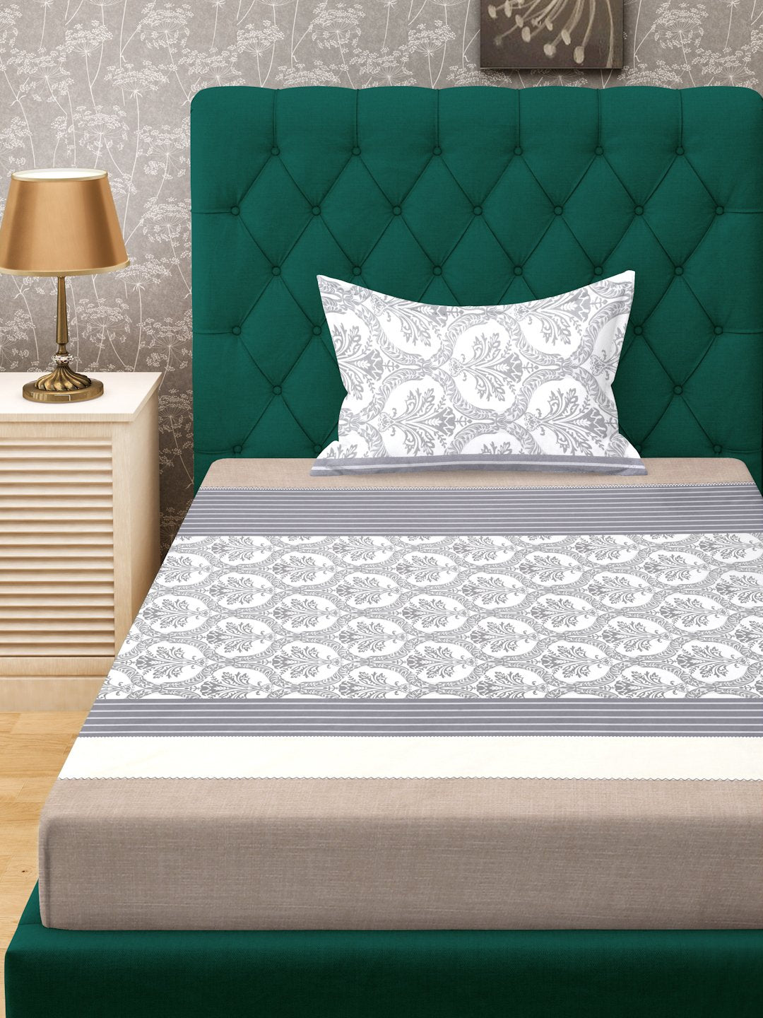 Multi Floral 300 TC Cotton Blend Fitted Single Bedsheet with Pillow Cover