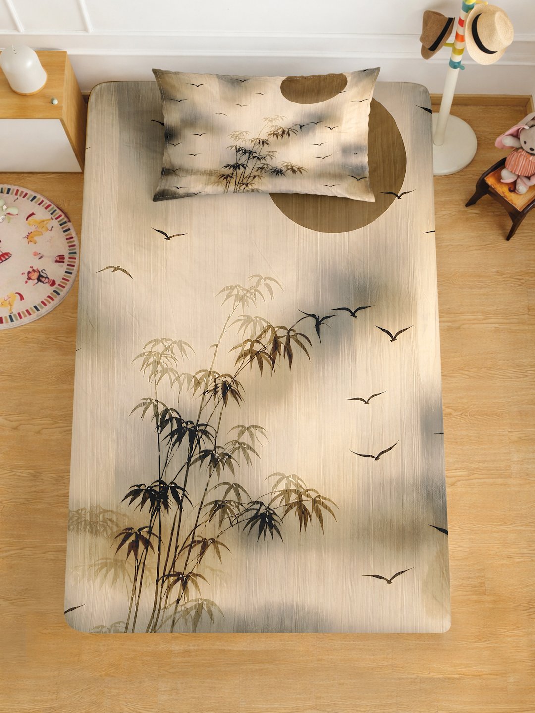 Beige Digital Floral Printed Cotton Blend Fitted Single Bedsheet with Pillow Cover