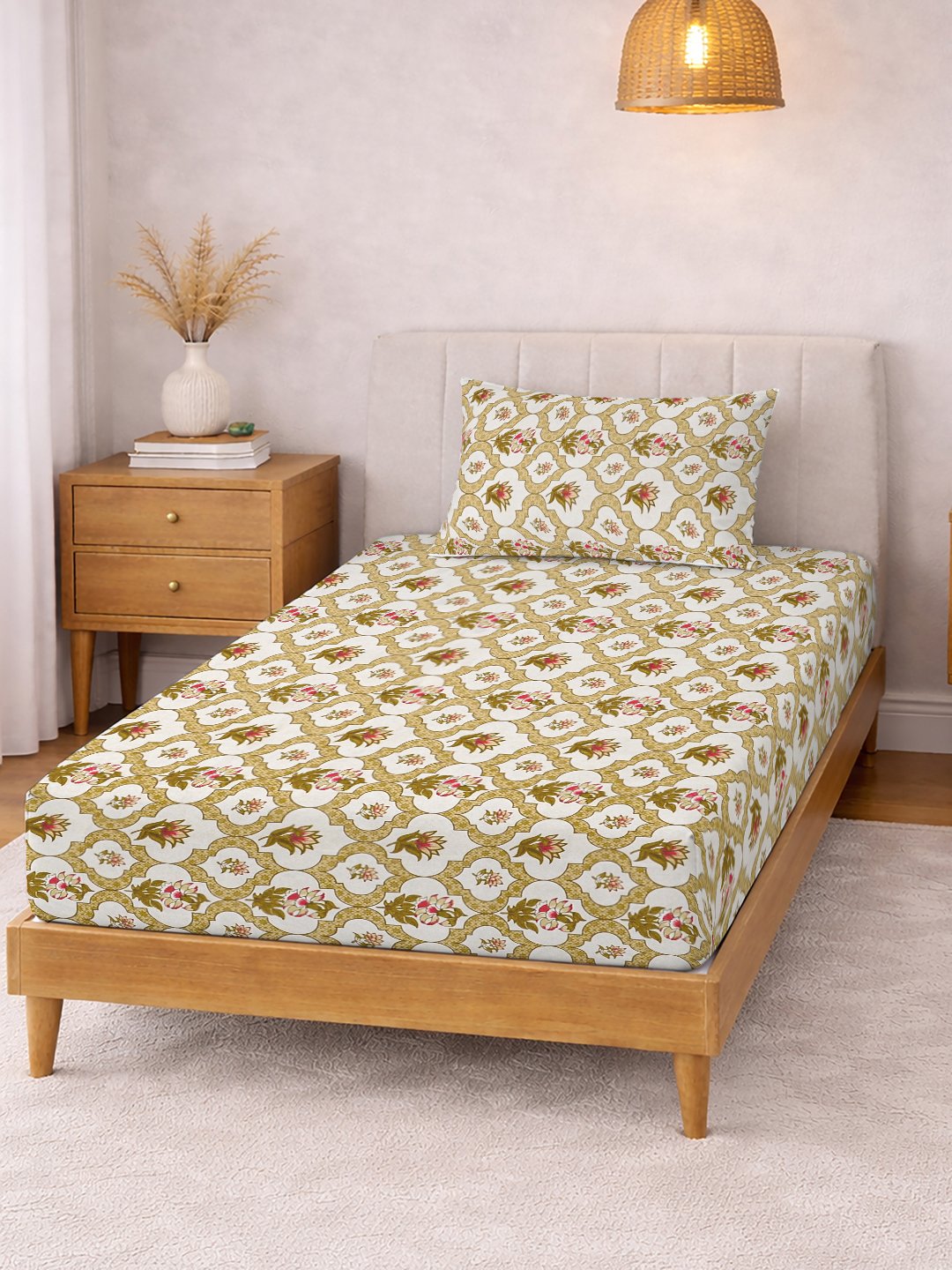 Yellow Floral Cotton Blend Fitted Single Bedsheet with Pillow Cover