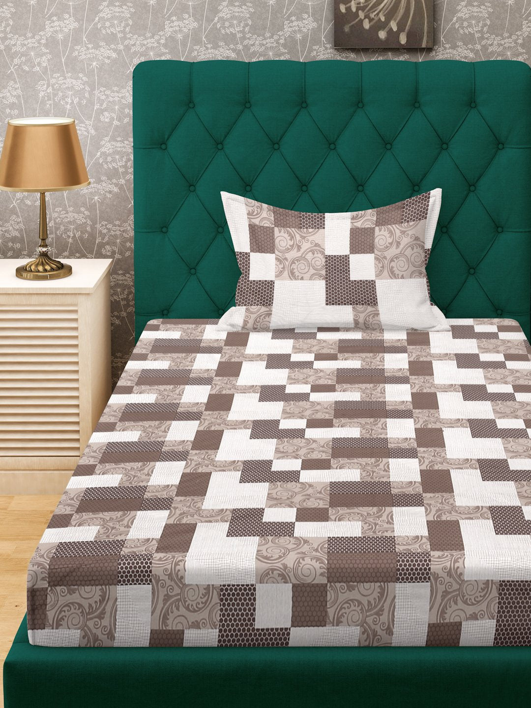 Brown Geometric 400 TC Pure Cotton Fitted Single Bedsheet with Pillow Cover