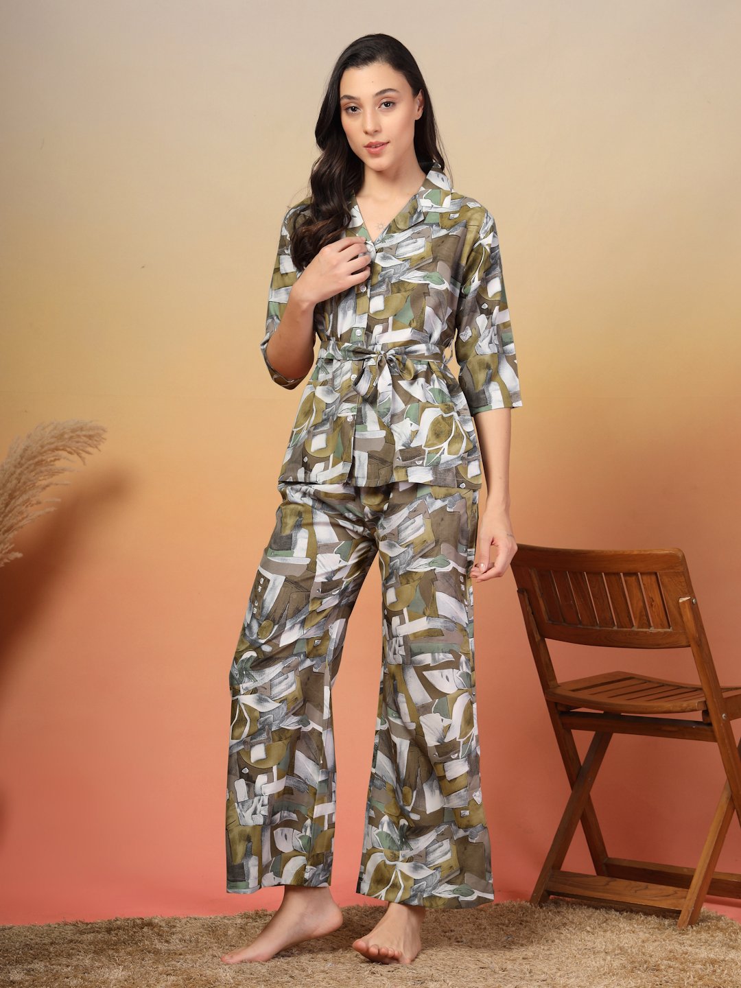 Women Brown Floral Cotton Blend Night Suit with Robe