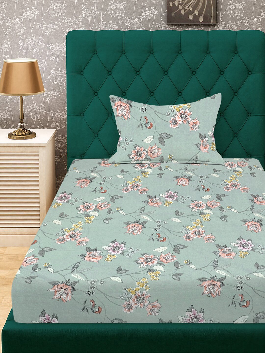 Green Floral 300 TC Cotton Blend Single Bedsheet with Pillow Cover