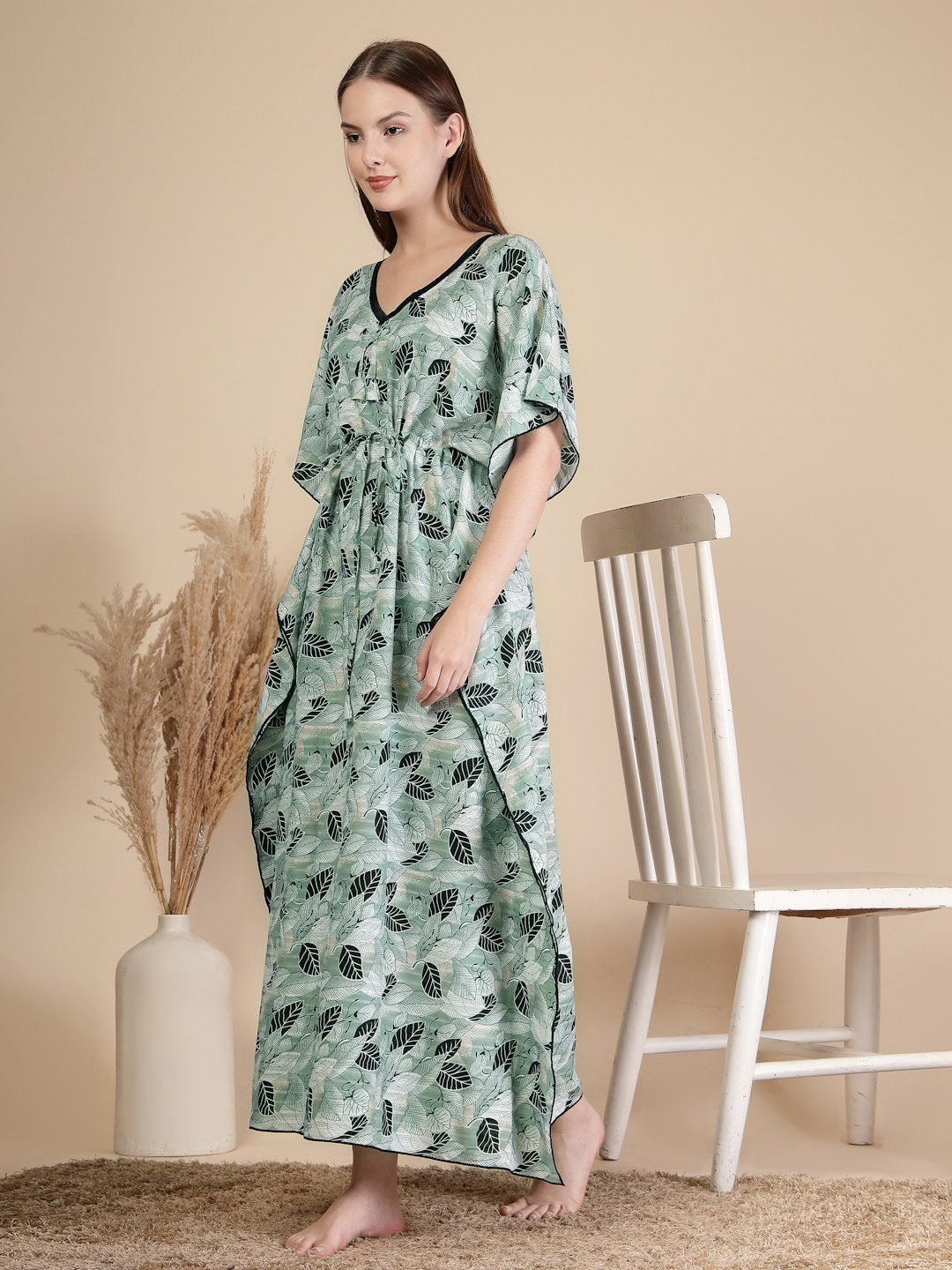 Green Floral Cotton Blend Kaftan Maxi Nightdress