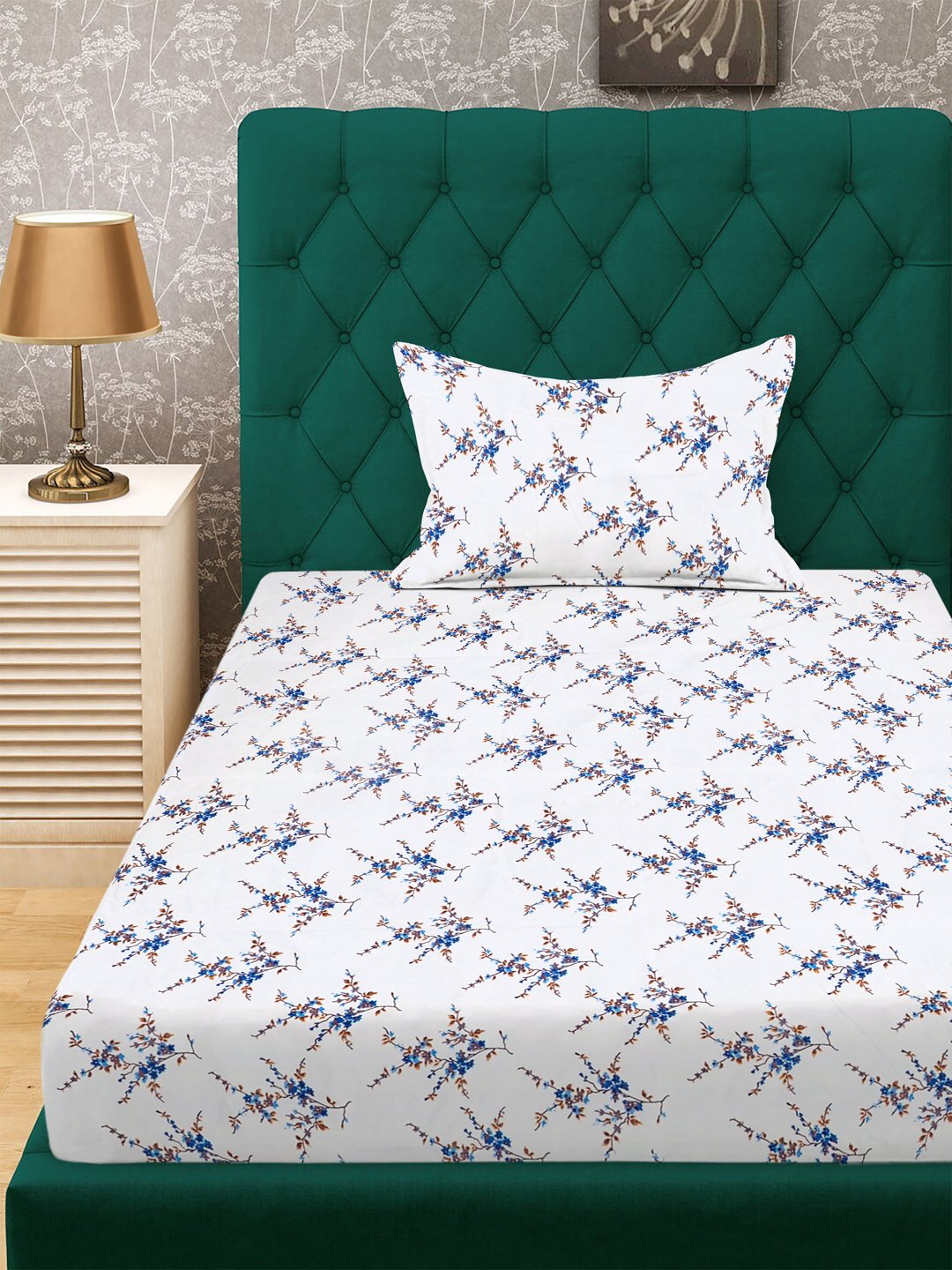 White Floral 300 TC Cotton Blend Single Bedsheet with Pillow Cover