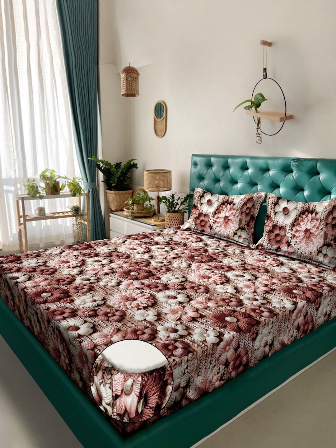 Brown Floral 7D King Size Cotton Blend Fitted Double Bedsheet with 2 Pillow Covers