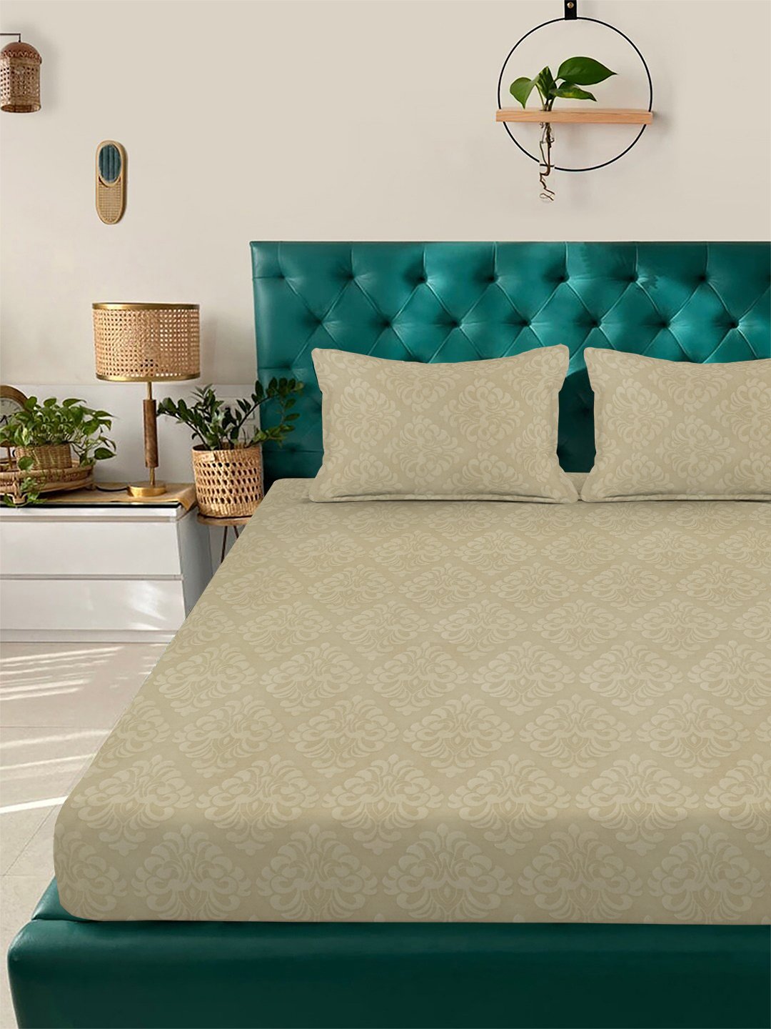 Beige Floral Embossed Cotton Blend Double Bedsheet with 2 Pillow Covers