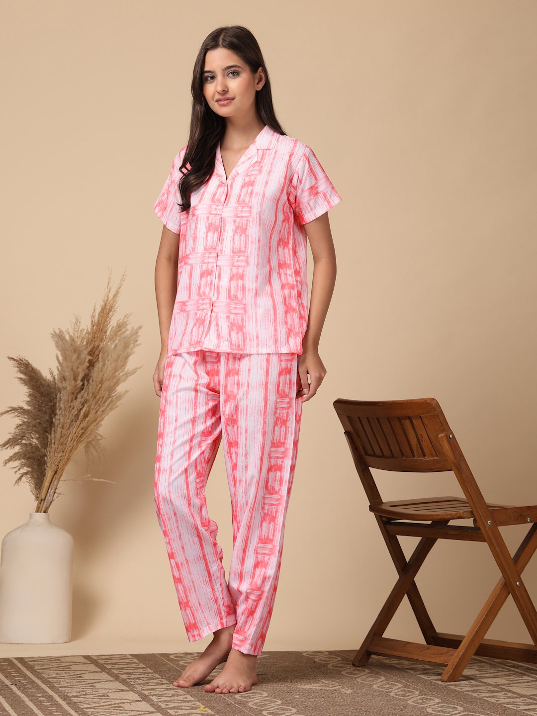 Red Striped Cotton Blend Women Night Suit
