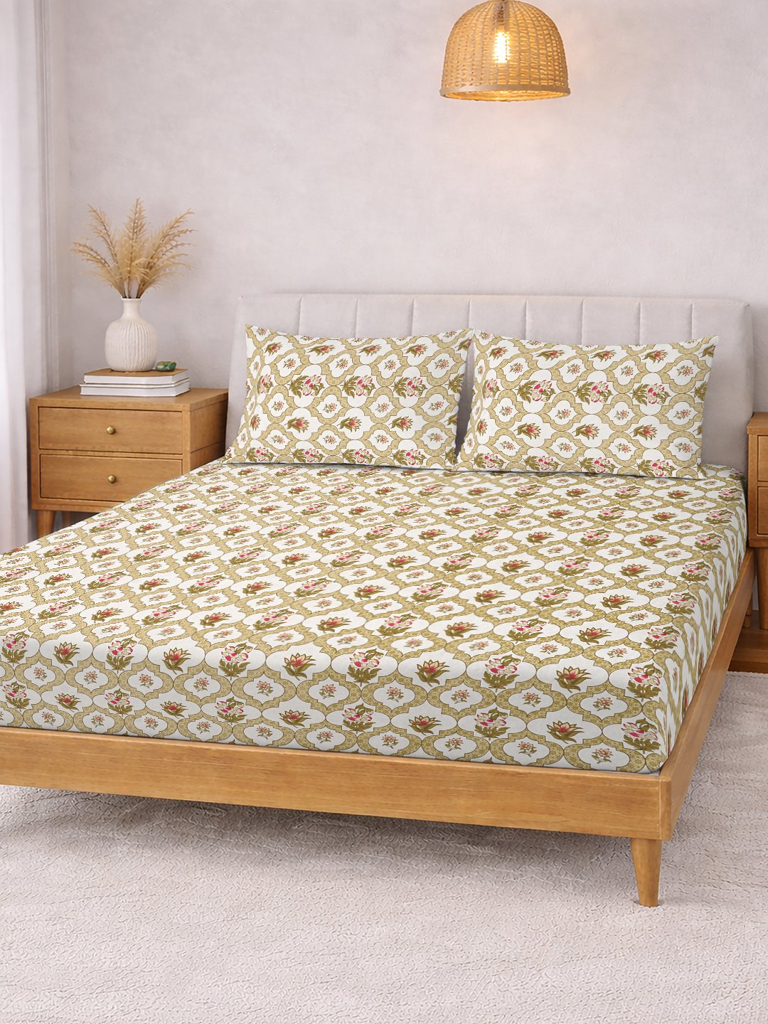 Yellow Floral Cotton Blend Fitted Double Bedsheet with 2 Pillow Covers