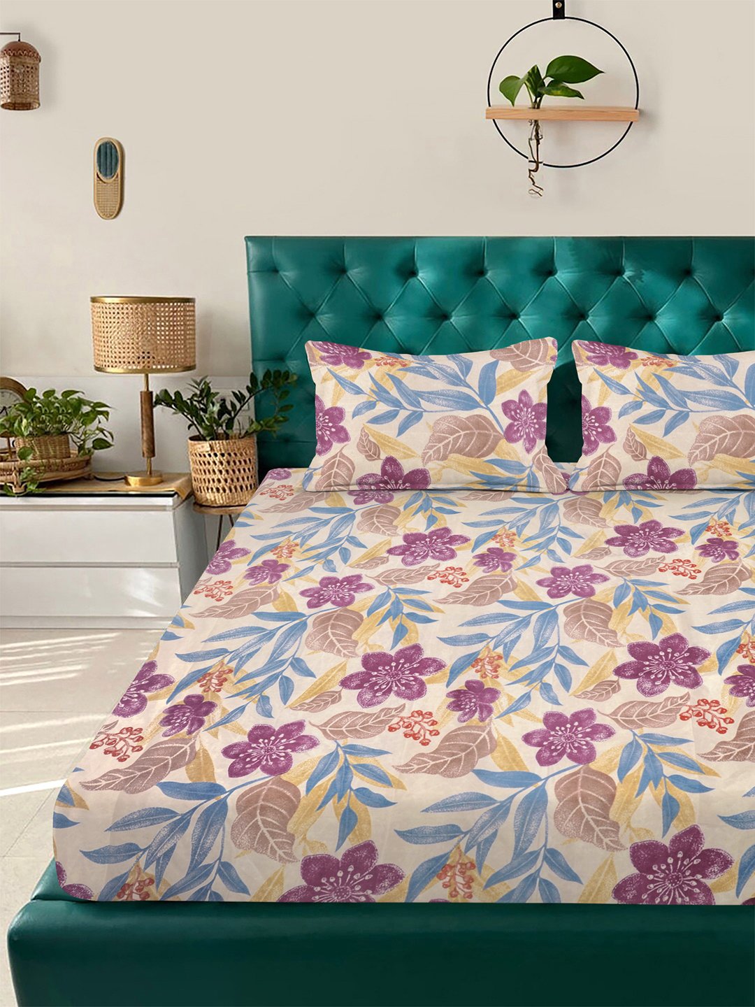 Multi Floral 300 TC Cotton Blend Double Bedsheet with 2 Pillow Covers