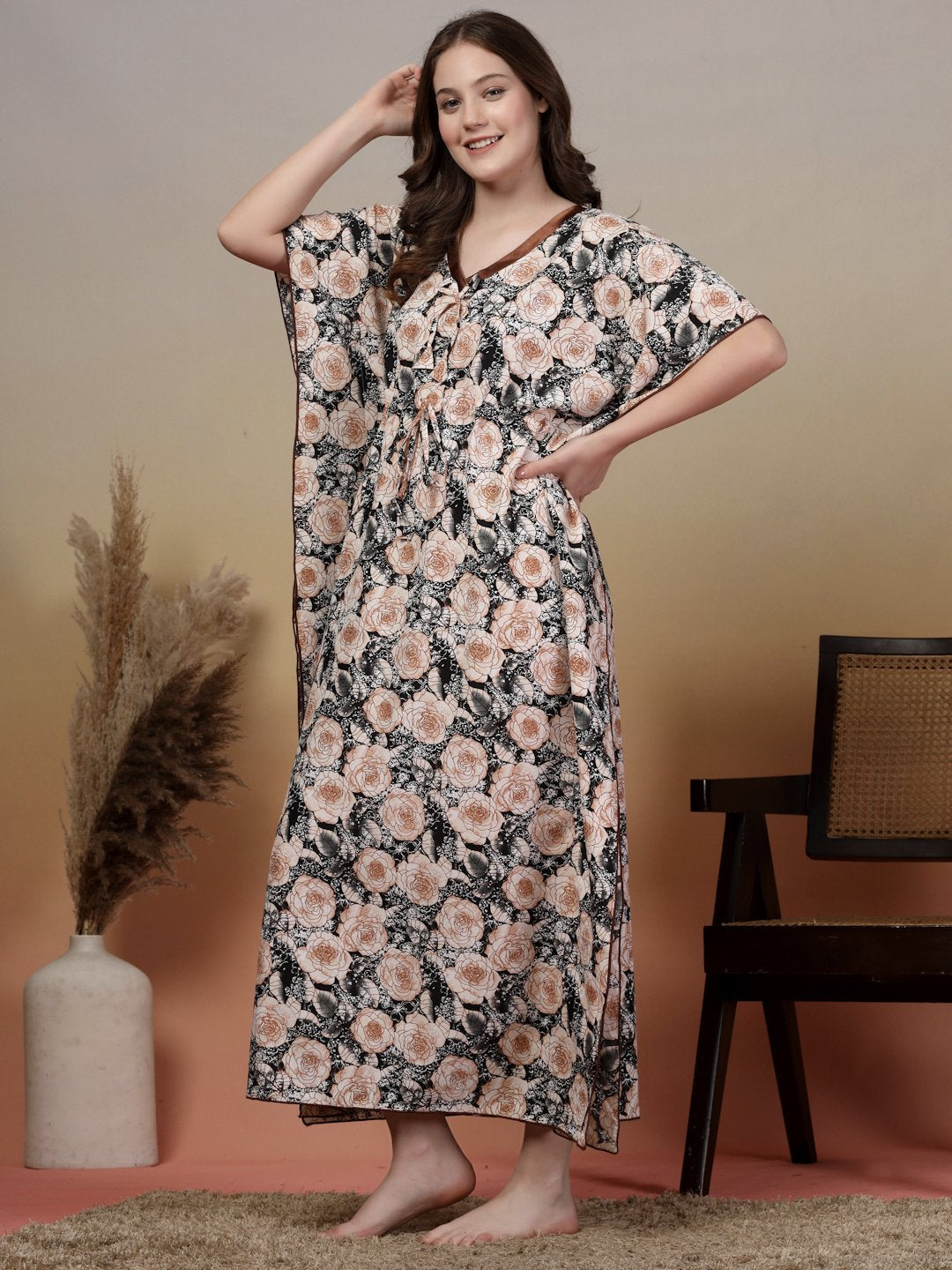 Black Floral Cotton Blend Kaftan Maxi Nightdress