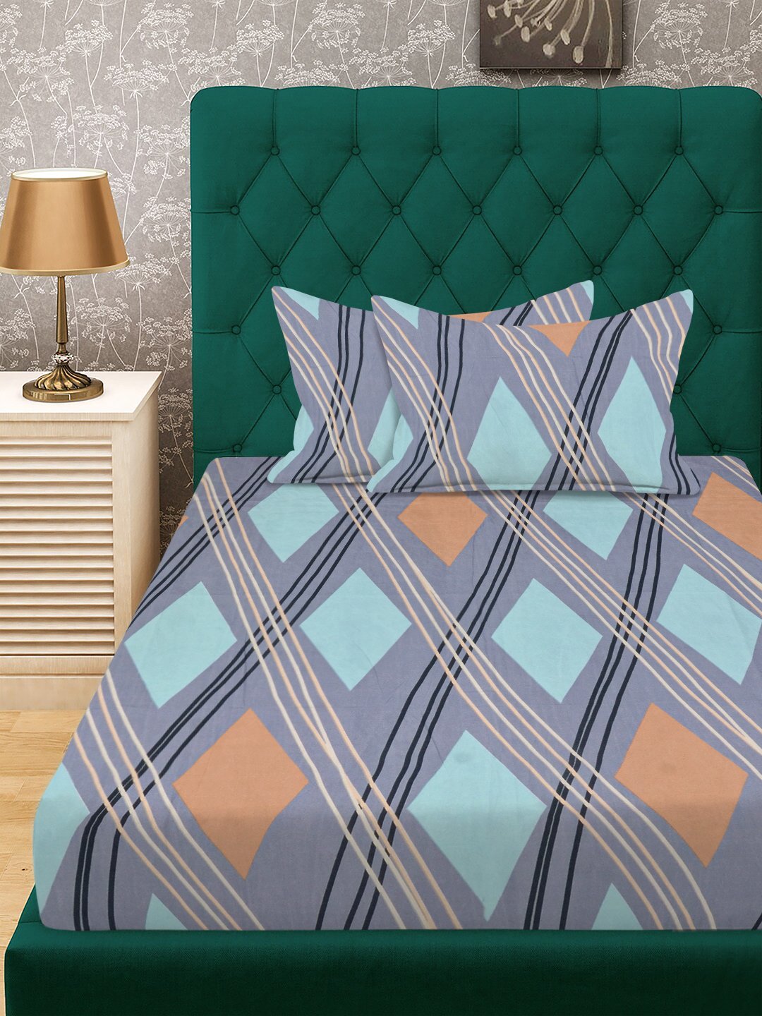 Multi Geometric 300 TC Cotton Blend Fitted Single Bedsheet with 2 Pillow Covers