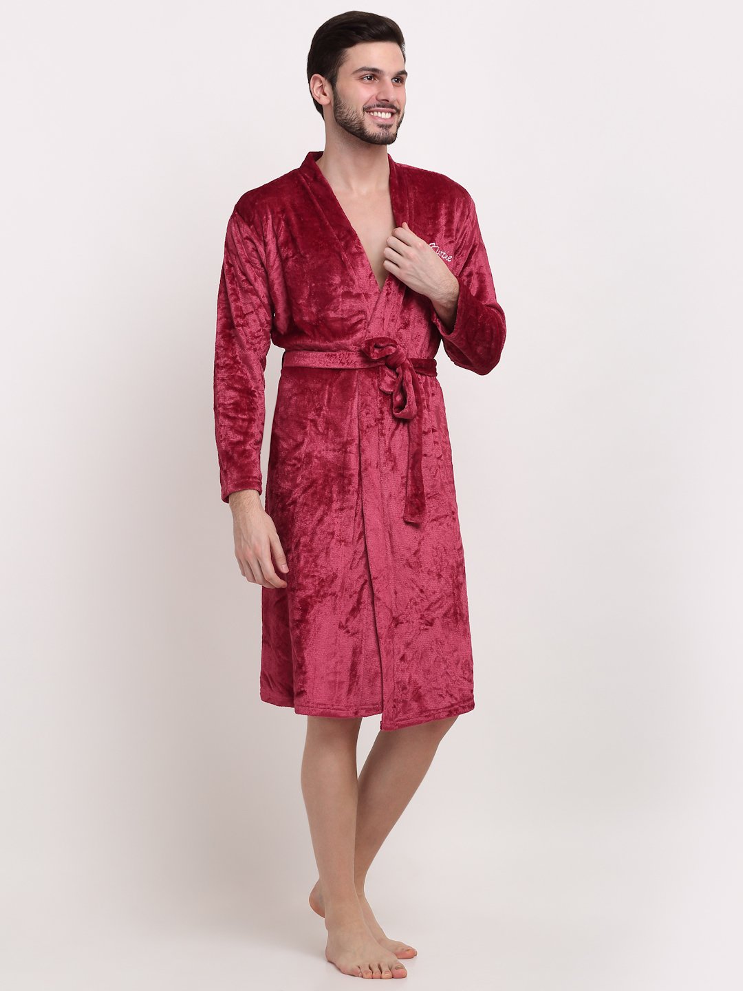Men Red Solid Wool Bath Robe With Belt