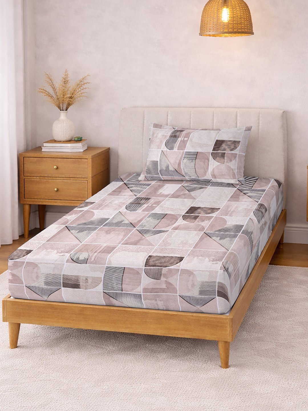 Multi Geometric Cotton Blend Fitted Single Bedsheet with Pillow Cover