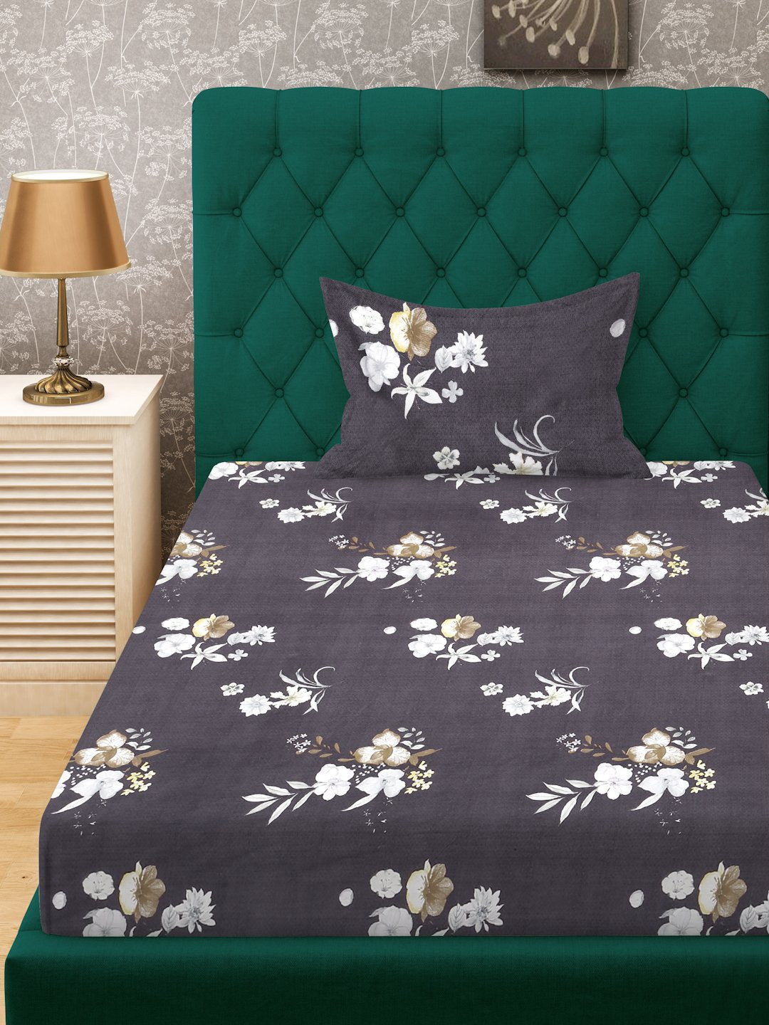 Brown Floral 300 TC Cotton Blend Single Bedsheet with Pillow Cover