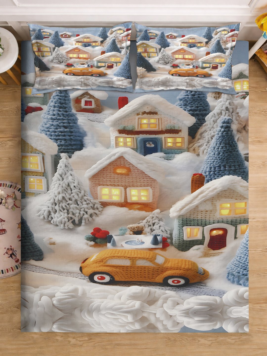 Multi Digital Cartoon Characters Printed Cotton Blend Fitted Double Bedsheet with 2 Pillow Covers