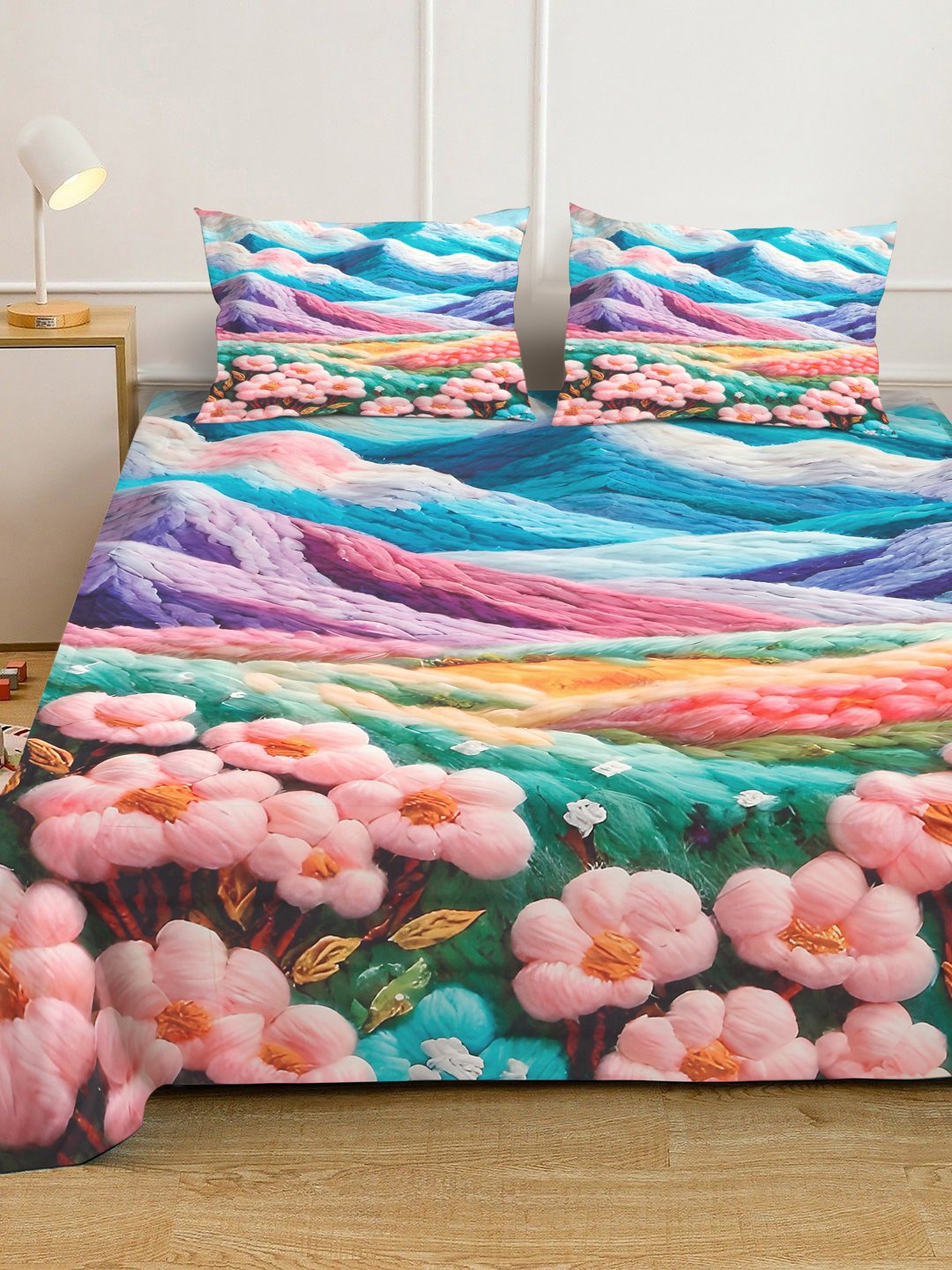 Multi Cartoon Characters 7D King Size Cotton Blend Double Bedsheet with 2 Pillow Covers