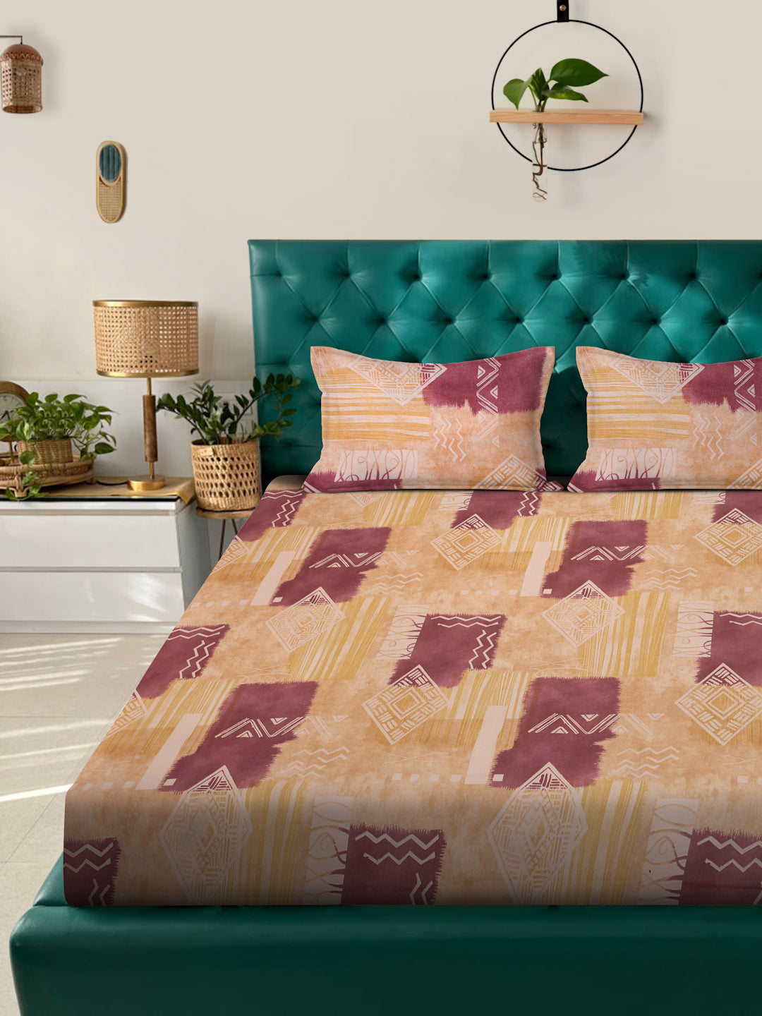 Klotthe Multicolor Geometric 400 TC Pure Cotton Double Bedsheet with 2 Pillow Covers