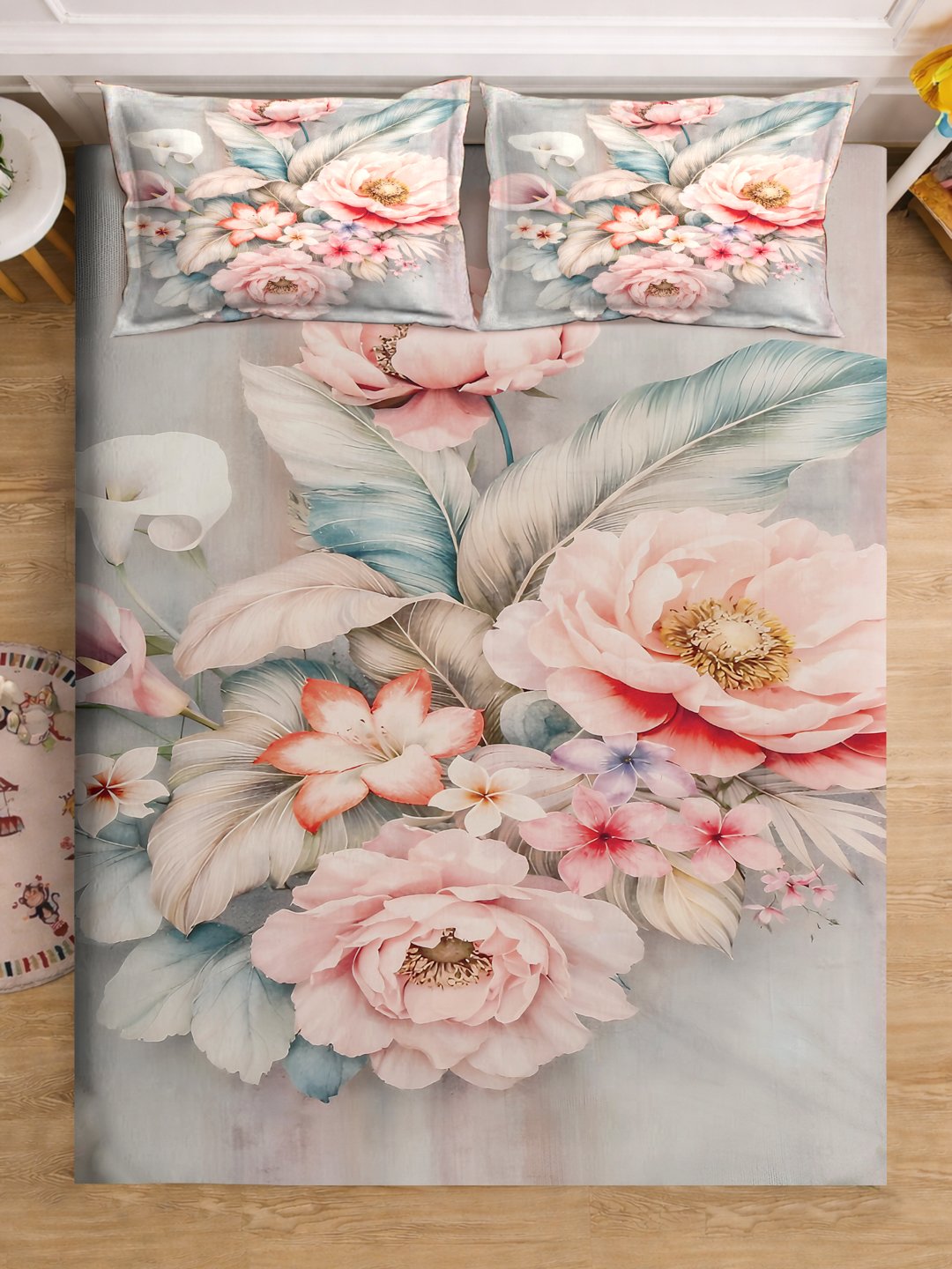 Multi Digital Floral Printed Cotton Blend Fitted Double Bedsheet with 2 Pillow Covers