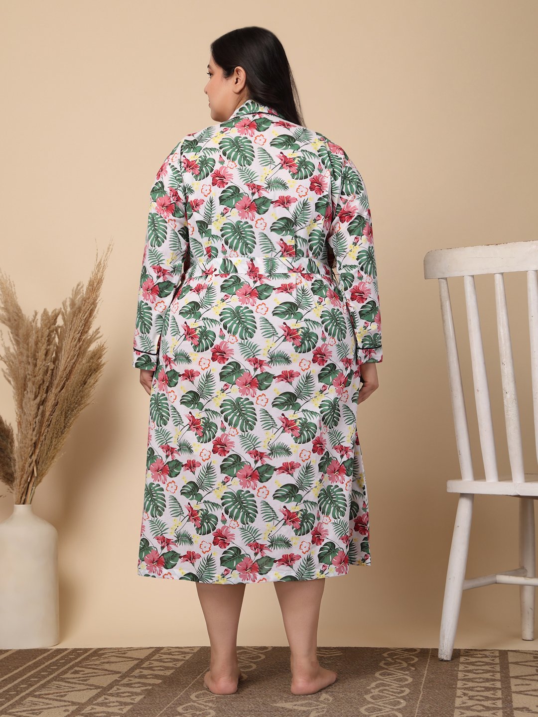Women Printed White Floral Plus Size Pure Cotton Bath Robe With Belt