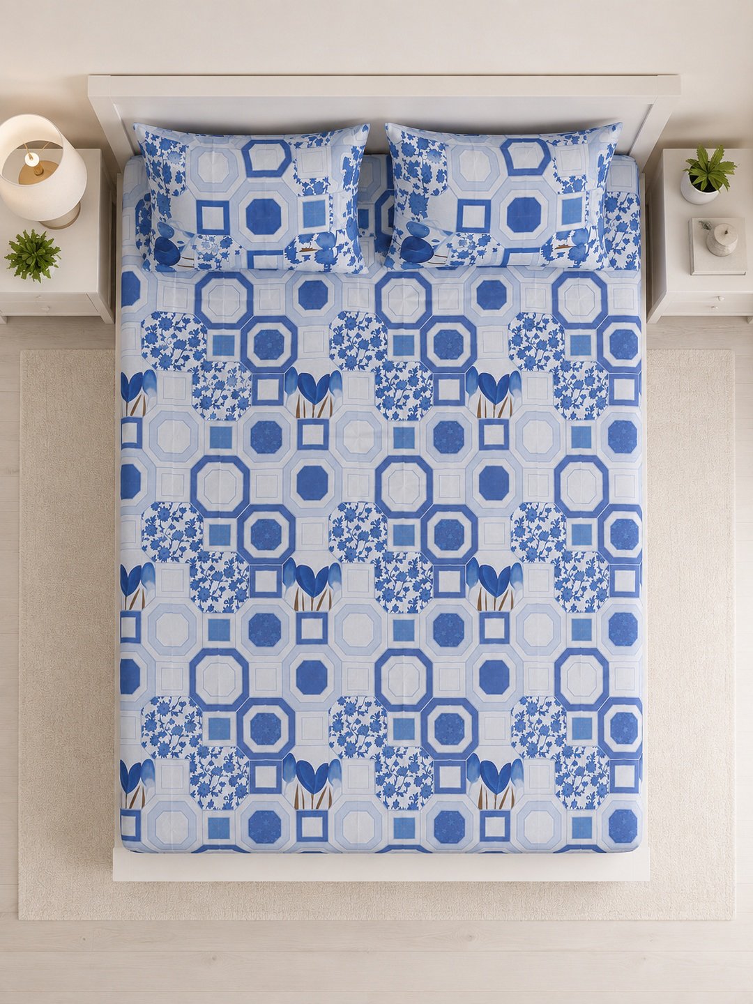 Blue Geometric Cotton Blend Fitted Double Bedsheet with 2 Pillow Covers