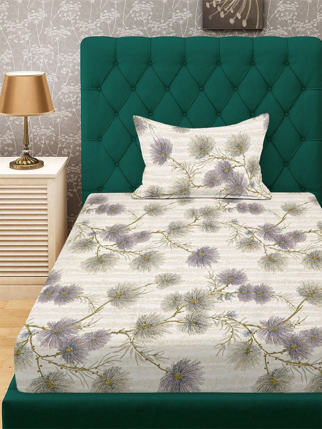 Beige Floral 300 TC Cotton Blend Fitted Single Bedsheet with Pillow Cover