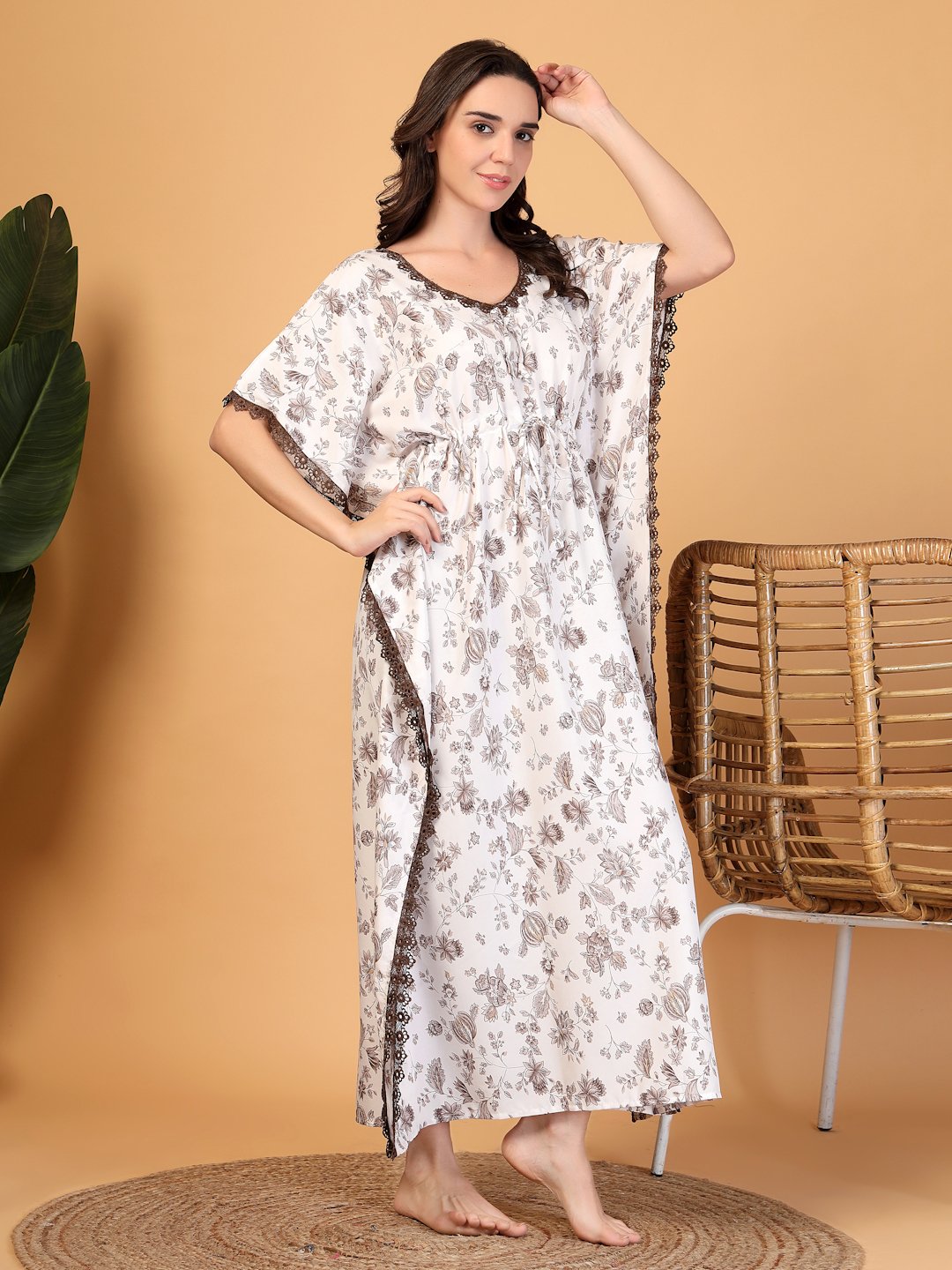 White Floral Cotton Blend Kaftan Maxi Nightdress