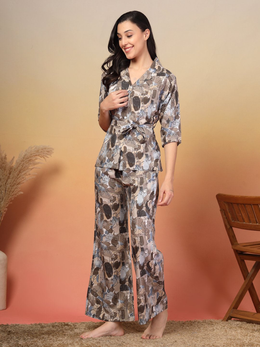 Women Brown Floral Cotton Blend Night Suit with Robe