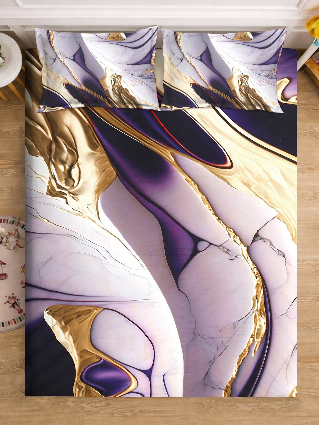 Purple Digital Abstract Printed Cotton Blend Fitted Double Bedsheet with 2 Pillow Covers