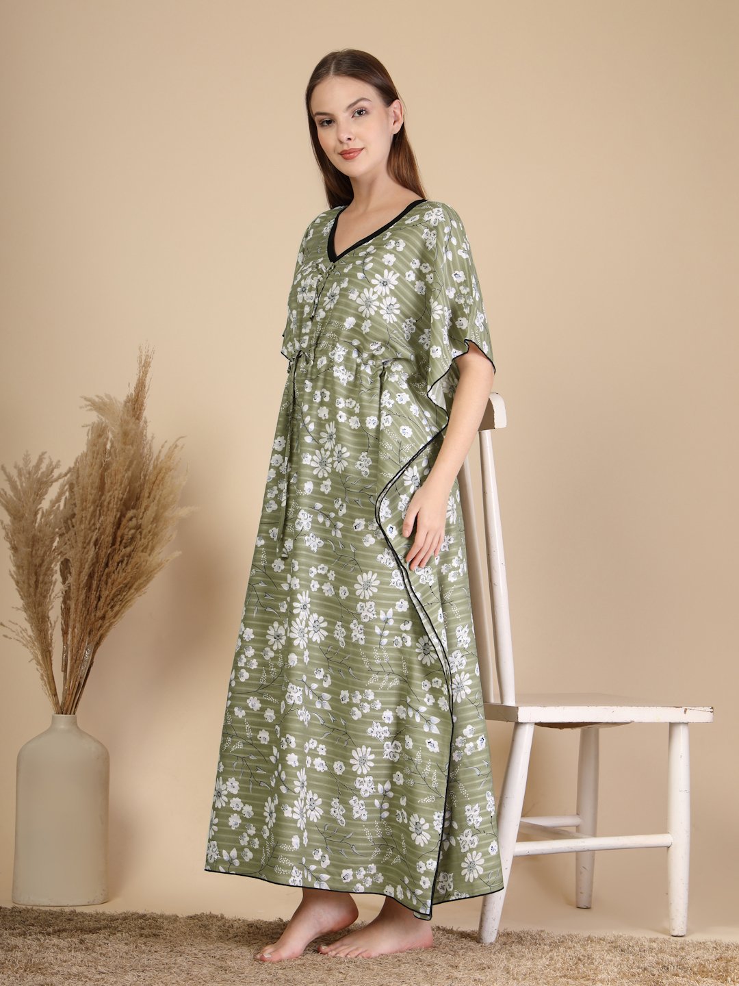 Olive Floral Cotton Blend Kaftan Maxi Nightdress