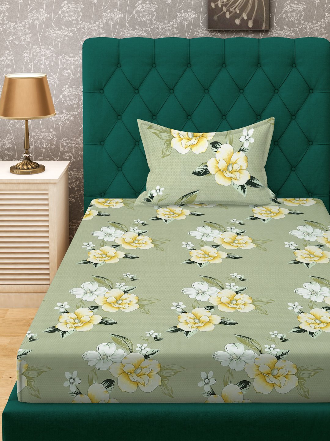 Green Floral 300 TC Cotton Blend Fitted Single Bedsheet in Book Fold Packing