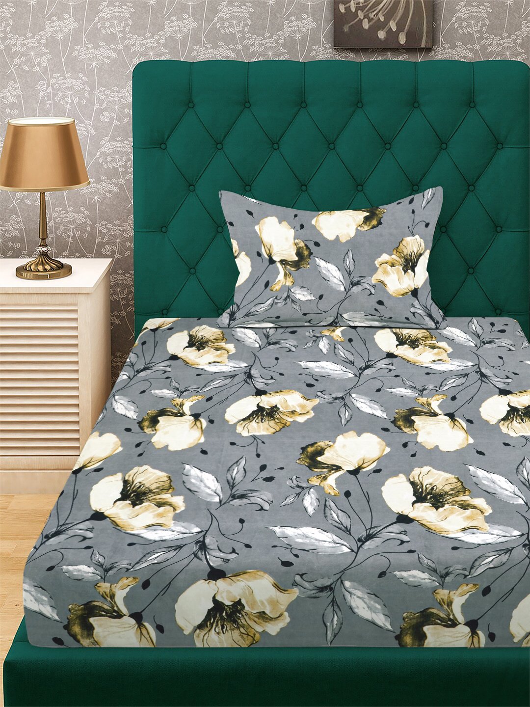 Grey Floral 300 TC Cotton Blend Fitted Single Bedsheet with Pillow Cover