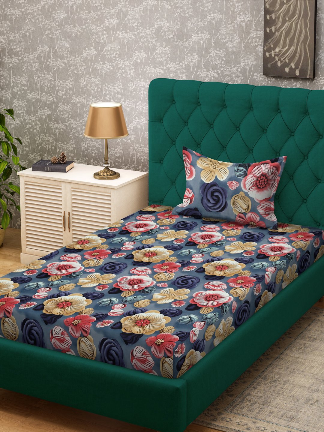Blue Floral 7D Cotton Blend Single Bedsheet with Pillow Cover